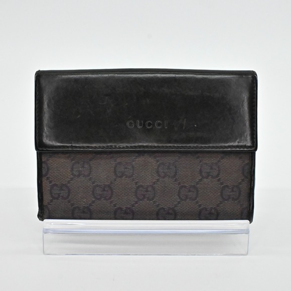 Vtg GUCCI Wallet Brown Leather Classic Monogram GG Logo Print Fold Compact - Picture 1 of 15